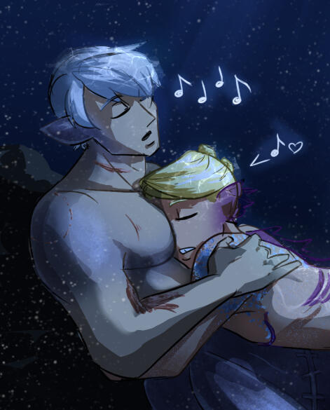 Mermen Risotto and Prosciutto cuddling. Prosciutto is placing his head on Risotto's chest as Risotto appears to hum to him.